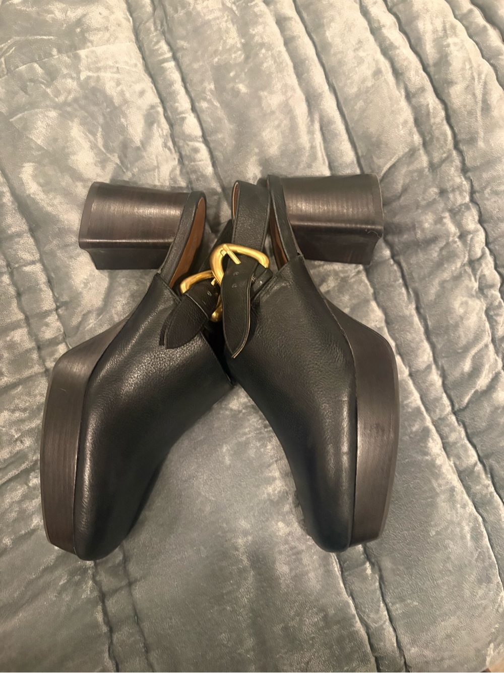 AEROSOLES Black Leather Slingback Platform Mules with Gold Buckle - Picture 13 of 14